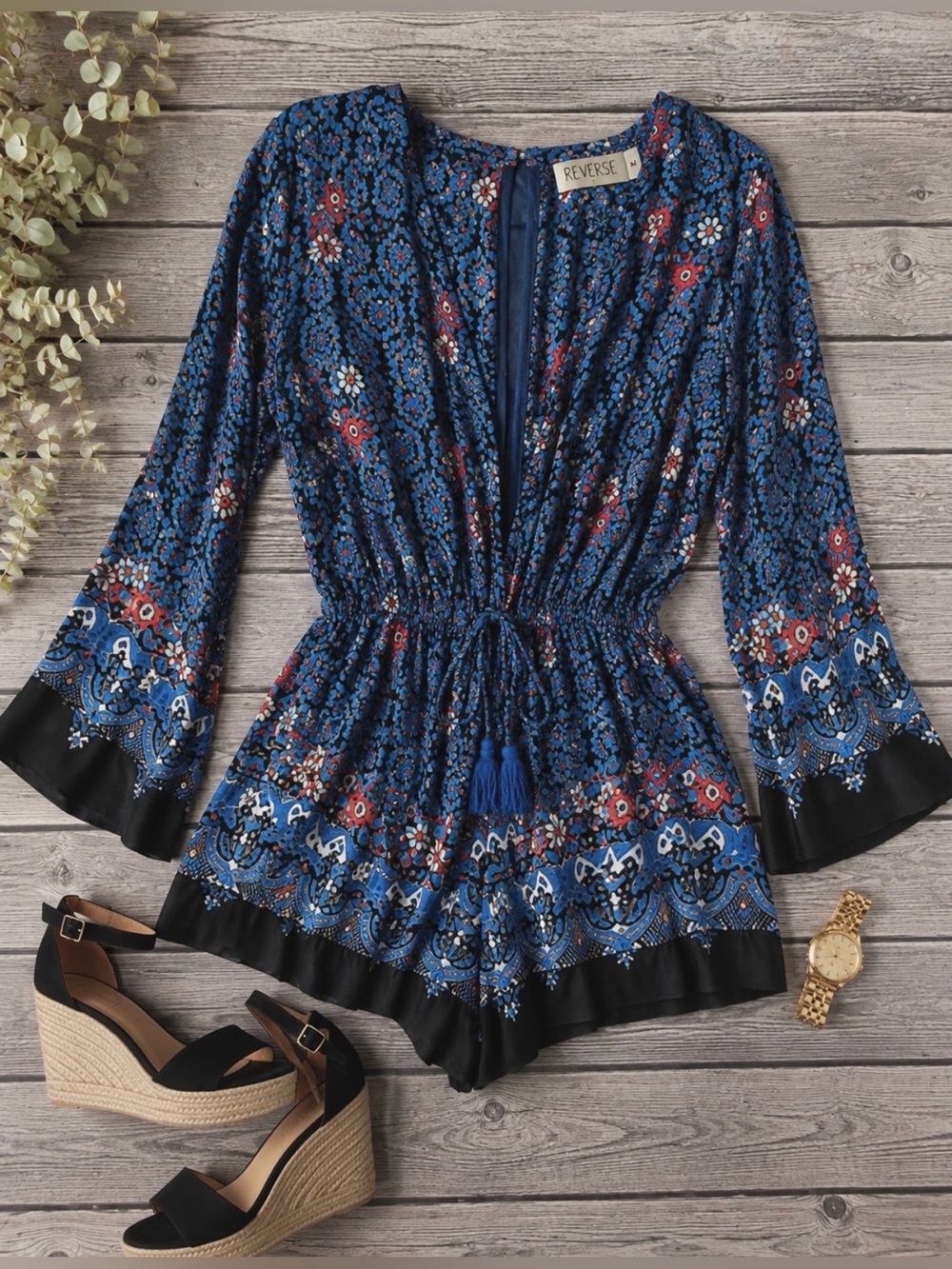 Floral Boho Romper | Size: Medium | Long Sleeve Tassel Tie | Boutique Style